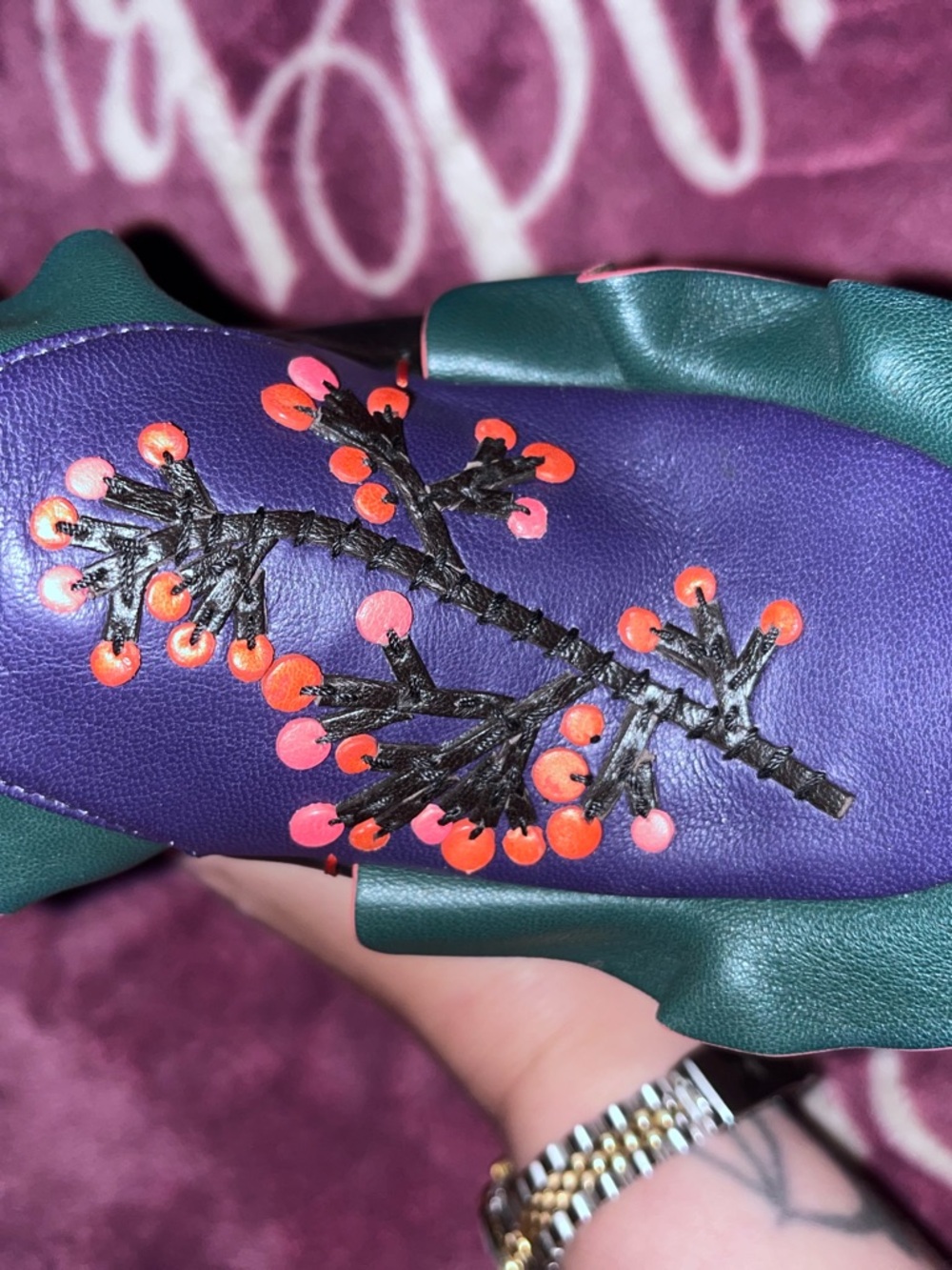 Fendi Green & Purple Floral Embroidered Leather Mules - Picture 10 of 14